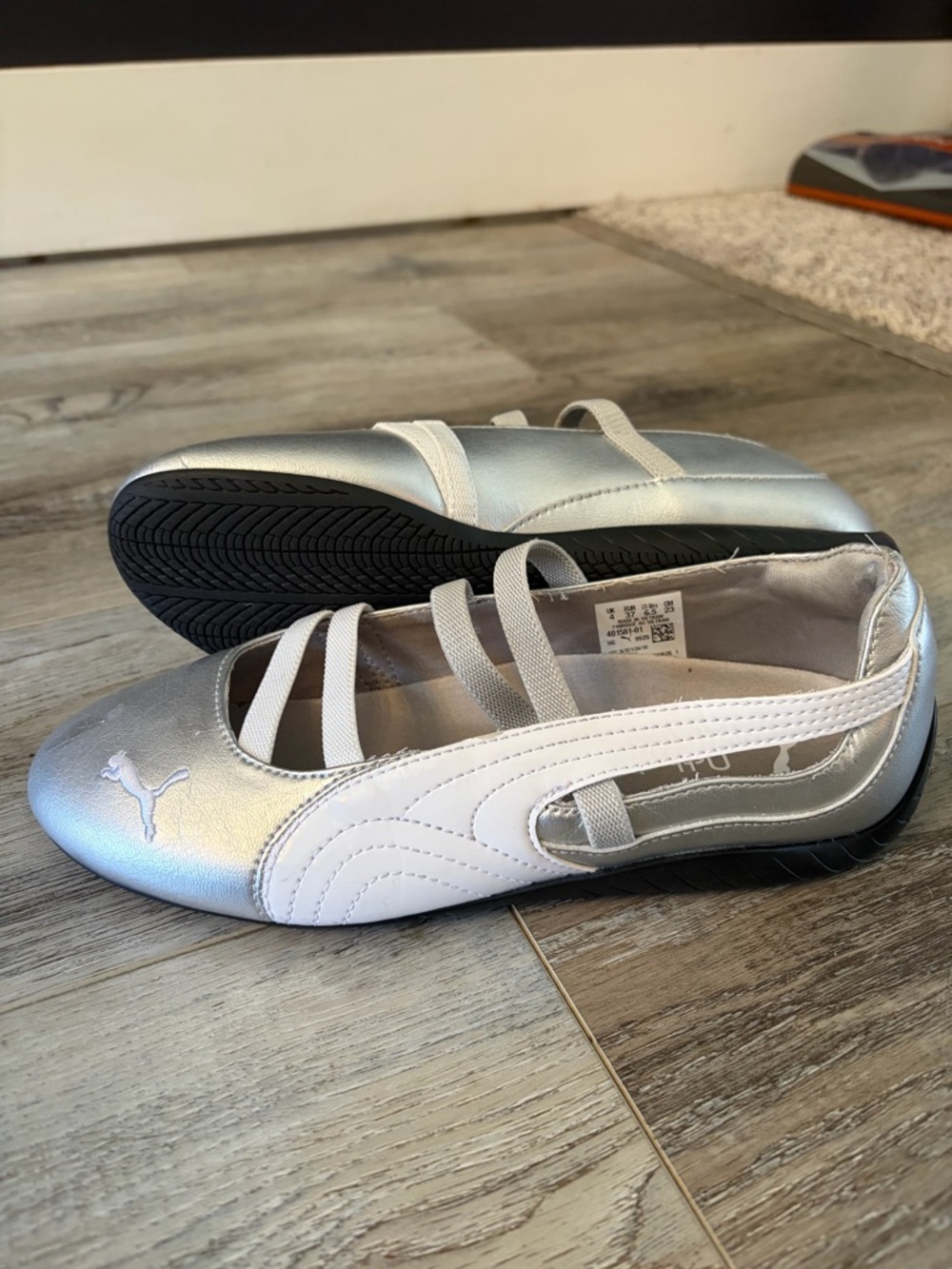 Puma Speedcat Silver and White Ballet Sneaker Flats with Elastic Straps